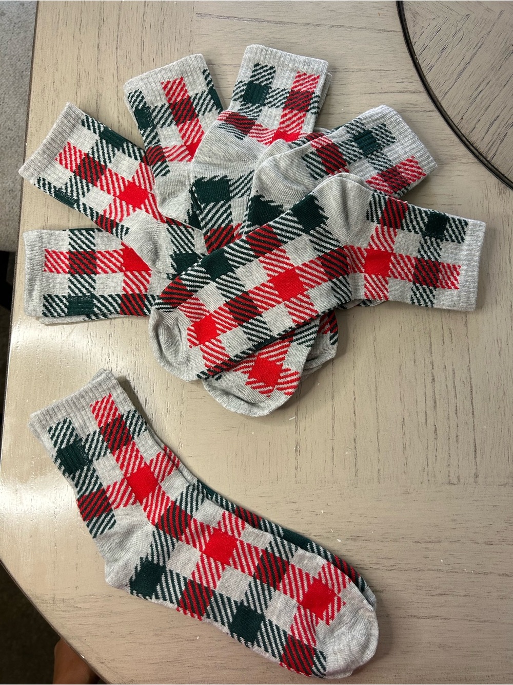7 pairs of Cozy Plaid Crew Socks in Red and Green
